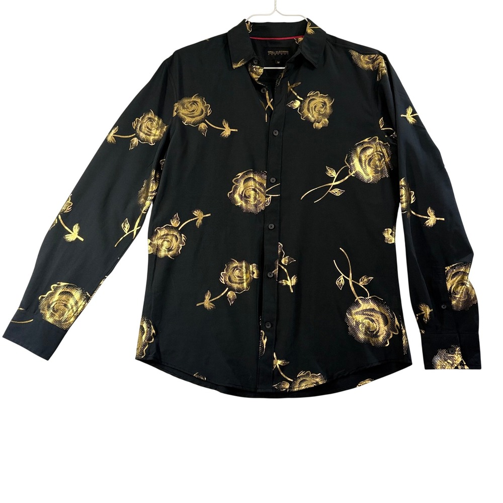 Drill Clothing Company Mens Black Gold Metallic Rose Floral Button Down Shirt M